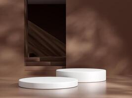 Empty podium or pedestal display on brown background with cylinder stand concept. Blank product shelf standing backdrop photo