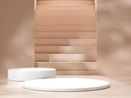 Empty podium or pedestal display on brown background with cylinder stand concept. Blank product shelf standing backdrop photo
