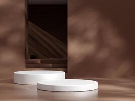 Empty podium or pedestal display on brown background with cylinder stand concept. Blank product shelf standing backdrop photo