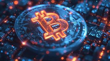 AI generated Bitcoin hologram on circuit board. Cryptocurrency concept. 3D illustration. photo