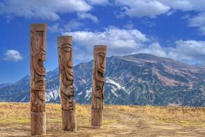 Wooden Gamuls on Vilyuchinsky pass near Vilyuchik volcano, Kamchatka Peninsula, Russia. photo