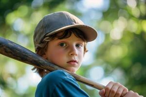 ai generado cerca arriba niño vistiendo béisbol gorra y participación béisbol murciélago en parque, un chico jugando béisbol al aire libre foto