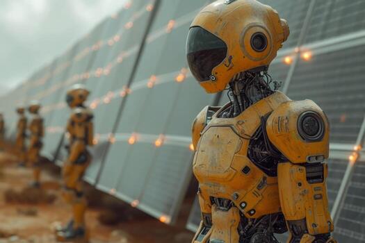AI generated Robot standing in front of solar panels. A collection of yellow robots standing next to each other, showcasing their uniform appearance and coordinated arrangement. photo