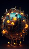 AI generated Futuristic globe with network of gold pipes and luminous nodes photo