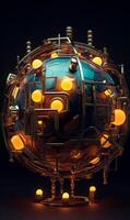 AI generated Futuristic globe with network of gold pipes and luminous nodes photo