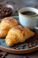 AI generated Fresh croissants and cup of coffee on plate close up photo