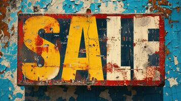 AI generated Eye-catching sale sign painted in bright hues contrasts against gritty grungy backdrop, Ai Generated. photo