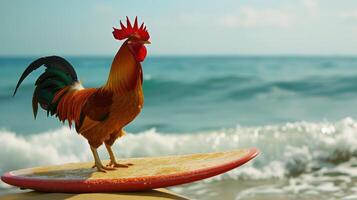 ai generado un linda gallo tablista disfruta un lleno de diversión verano día a el playa, montando olas con entusiasmo, ai generado. foto