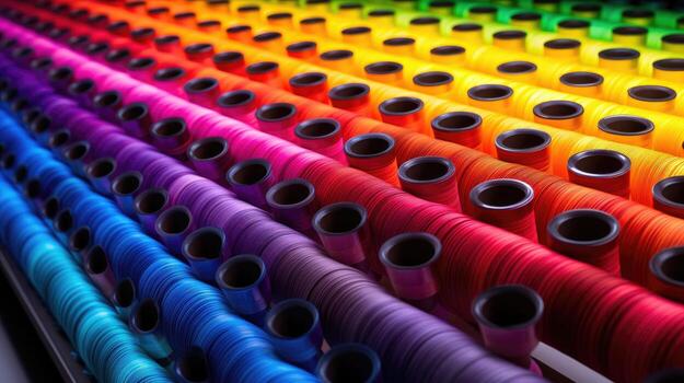 AI generated Vibrant rows of thread spools create a colorful tapestry, a symphony of hues. Ai Generated photo