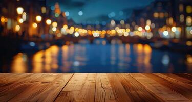 AI generated A coffee house's empty wooden table overlooks a blurred European city at night, Ai Generated. photo