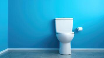 AI generated white toilet pops against a vibrant blue wall. Modern contrast, Ai Generated. photo