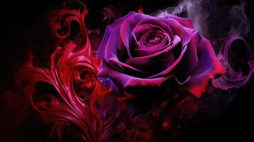 AI generated A purple rose wrapped in red smoke swirl, creating a captivating scene on a black background. Ai Generated. photo
