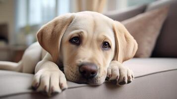 AI generated A cute Labrador rests on a white living room carpet. Ai Generated. photo