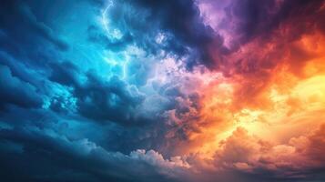 AI generated Vibrant rain clouds crackle with lightning above picturesque nature pre-storm. Colorful, Ai Generated. photo