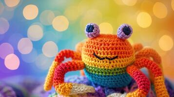 AI generated Crocheted crab toy vibrant backdrop, handcrafted and adorable, Ai Generated photo