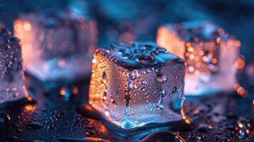 AI generated Illuminated ice cubes, close-up with glistening water droplets, creating a captivating scene. Ai Generated. photo