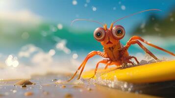 ai generado un linda camarón mantis tablista disfruta un lleno de diversión verano día a el playa, montando olas con entusiasmo, ai generado. foto