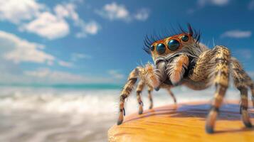 ai generado un linda araña tablista disfruta un lleno de diversión verano día a el playa, montando olas con entusiasmo, ai generado. foto