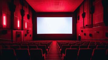 AI generated The empty cinema hall features a striking red color scheme and a white blank screen, Ai Generated. photo