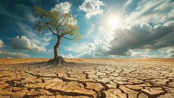 ai generado un solitario escena se despliega - seco agrietado tierra, un muerto árbol ecos global calentamiento, ai generado. foto