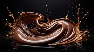 ai generado lujoso Derretido chocolate remolino con dinámica salpicaduras crea un delicioso visual obra maestra. ai generado. foto