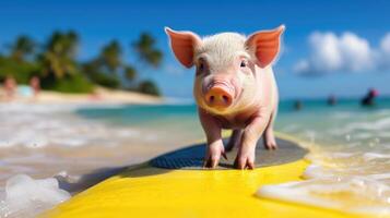 ai generado un linda cerdo tablista disfruta un lleno de diversión verano día a el playa, montando olas con entusiasmo, ai generado. foto