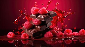 AI generated Dynamic stack of chocolate bars, raspberries, and syrup splash on a vibrant red backdrop. Ai Generated photo