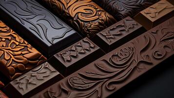 AI generated assorted dark chocolate bars. Pure cocoa elegance, Ai Generated. photo