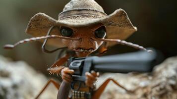AI generated An ant adorned in a tiny hat, gripping a gun with unexpected defiance and humor, Ai Generated. photo