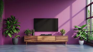 AI generated TV cabinet on white viva magenta wall. Contemporary elegance, Ai Generated. photo