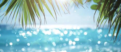 AI generated Serene sea backdrop with sunlit bokeh, palm leaves create a dreamy coastal allure, Ai Generated. photo