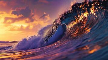 ai generado un vibrante Oceano ola formas un cresta, mar agua exhibiendo un fascinante caleidoscopio, ai generado. foto