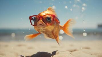 AI generated Experience the intensity of an goldfish leaping onto the beach in a stunning close-up photo, Ai Generated. photo