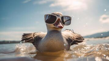 AI generated Experience the intensity of an goose leaping onto the beach in a stunning close-up photo, Ai Generated. photo