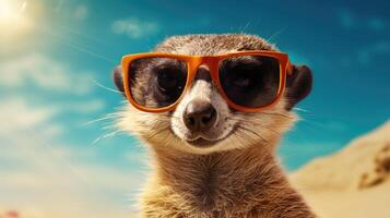 AI generated Experience the intensity of an Meerkat leaping onto the beach in a stunning close-up photo, Ai Generated. photo