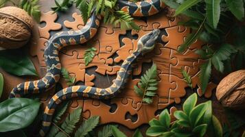 AI generated A cute cobra enjoys a playful jigsaw puzzle challenge. Ai Generated. photo