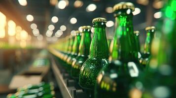 AI generated Array of green beer bottles moving along a production line, embodying the process of brewing excellence. Ai Generated. photo