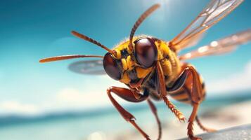 AI generated Experience the intensity of an hornet leaping onto the beach in a stunning close-up photo, Ai Generated. photo