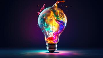 AI generated Dive into creative inspiration with a colorful liquid paint lightbulb against a dark backdrop. Ai Generated photo