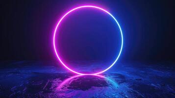 AI generated Neon blue geometric circle stands out against a dark background, creating a captivating contrast. Ai Generated photo