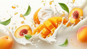 AI generated Peach and mango blend into milk, yogurt, sour cream, creating a refreshing splash, Ai Generated. photo