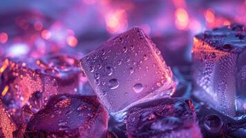 AI generated Illuminated ice cubes, close-up with glistening water droplets, creating a captivating scene. Ai Generated. photo