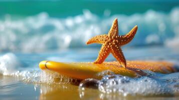 AI generated A cute starfish surfer enjoys a fun-filled summer day at the beach, riding waves with enthusiasm, Ai Generated. photo