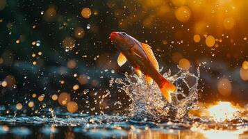 ai generado energético pescado saltos fuera de el agua, atrapado aire en un dinámica saltar, ai generado. foto