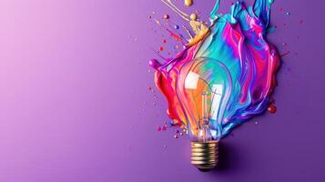 AI generated Imaginative concept featuring a colorful lightbulb crafted from liquid paint on a vibrant purple background, Ai Generated. photo