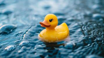 ai generado de cerca de un caucho Pato flotante en agua, sus alegre presencia iluminacion el escena, ai generado. foto