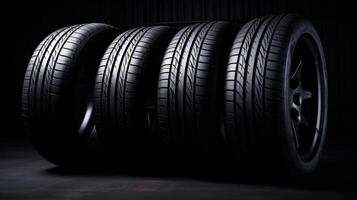 AI generated Sleek black tires stand out against a dark backdrop, enhancing their allure. Ai Generated photo