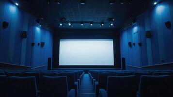 ai generado vacío cine salón con azul matices y un blanco blanco pantalla, esperando el siguiente demostración, ai generado. foto