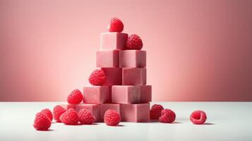 AI generated Artistic raspberries on pastel pink cubes. A fruity masterpiece, Ai Generated. photo