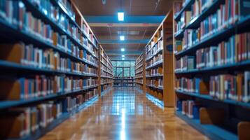 AI generated Abstract blurred public library interior with defocused bookshelves. Enigmatic ambiance, Ai Generated. photo